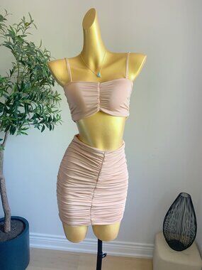 Nude Ruched Bodycon 2 Piece Mini Skirt Set S